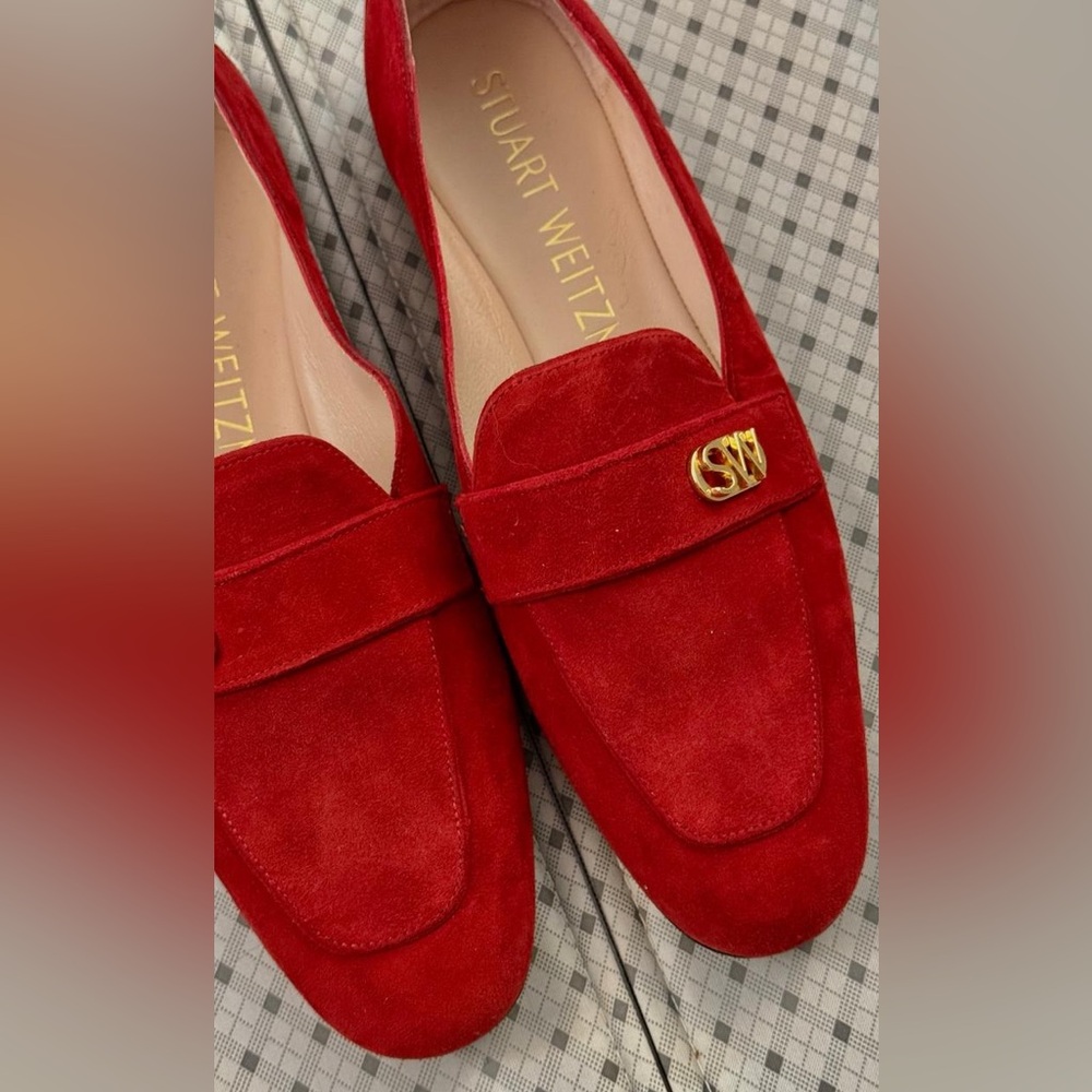 Stuart Weitzman Red Suede Loafers with Gold SW Accent - Picture 3 of 8